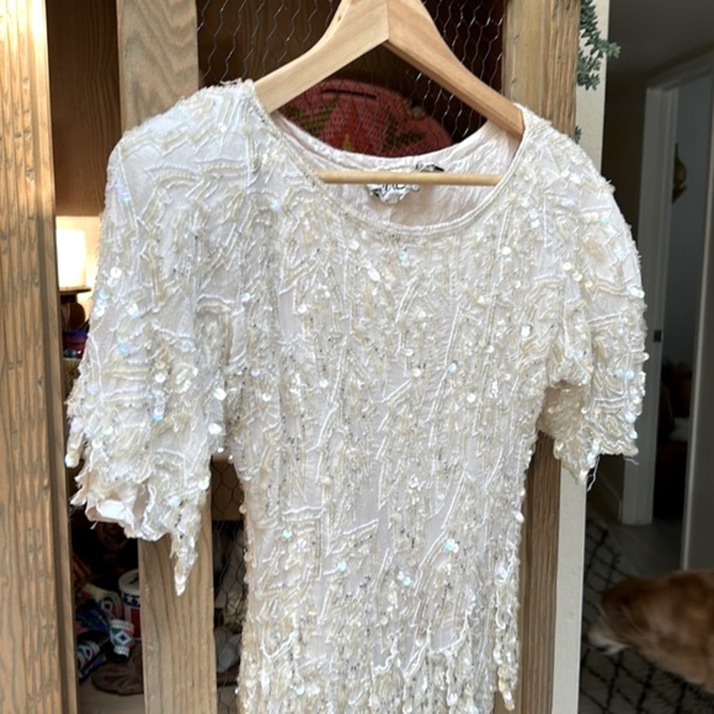 Vintage Scala Sequin Beaded Silk Cream Blouse - image 7
